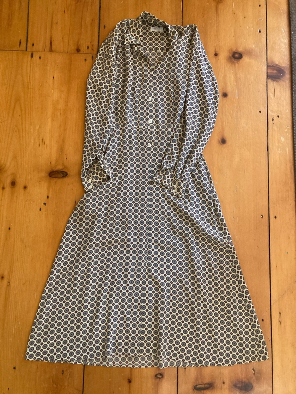 Calvin Klein Navy and White Geometric Long Sleeve Midi Dress